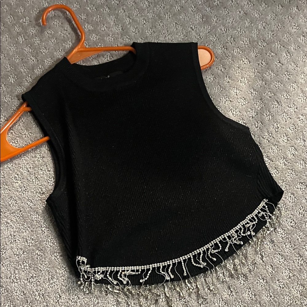 Chic Black Crop Top with Silver Fringe